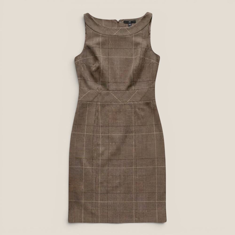 H&M Vintage Y2K Glen Plaid Sheath Dress 8 Fits 4/6 Brown Sleeveless Work